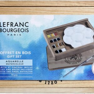 CAJA DE MADERA 12 MEDIAS TINTAS ACUARELA FINE WATERCOLOUR LEFRANC AND BOURGOIS
